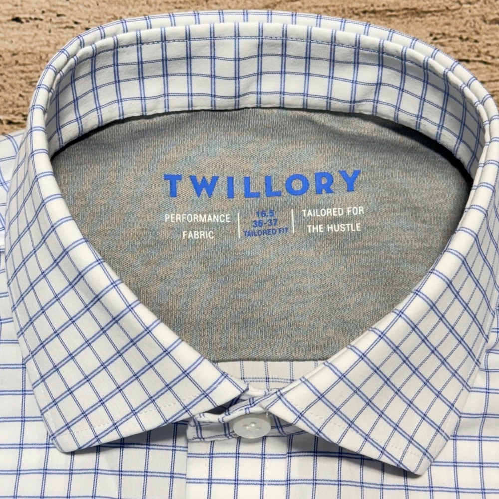 Twillory Dress Shirt Mens 16.5 36/37 Blue Windowpane Performance Tailored Fit